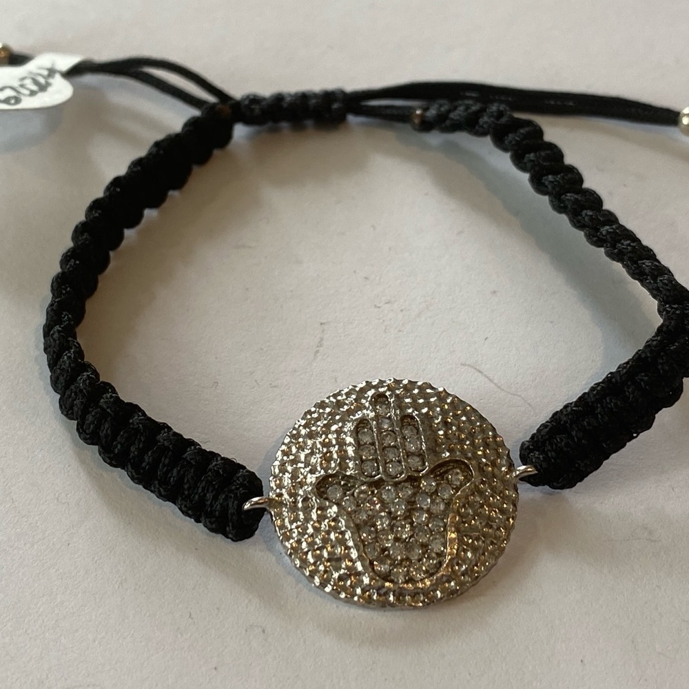 Silver Hamsa with crystals black cord bracelet